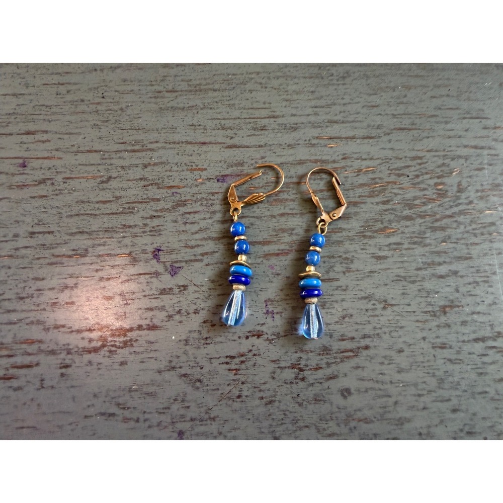 Blue Glass Beaded Drop Earrings Gold Tone Lever Back Bohemian Teardrop Dangle